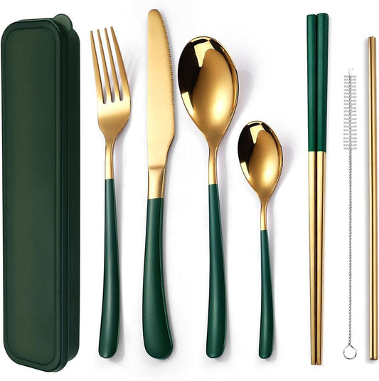 AARAINBOW 7 Pieces Stainless Steel Flatware Set Portable Reusable Cutlery Set Travel Utensils Set Including Chopsticks Knife Fork Spoon Straws Cleaning Brush Dishwasher Safe (B-Pink Golden)