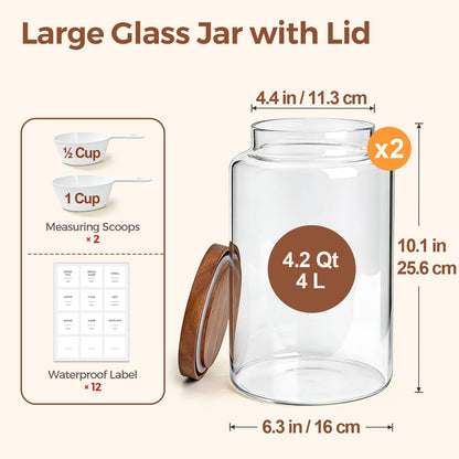 ComSaf 2Pcs (4.2Qt) Wide-Mouth Flour Sugar Storage Containers - Include Scoops & Labels, Easy to Scoop & Airtight, Large Glass Jar for Bakers to Store Bulk Flour, Rice, and Dry Goods in Kitchen Pantry