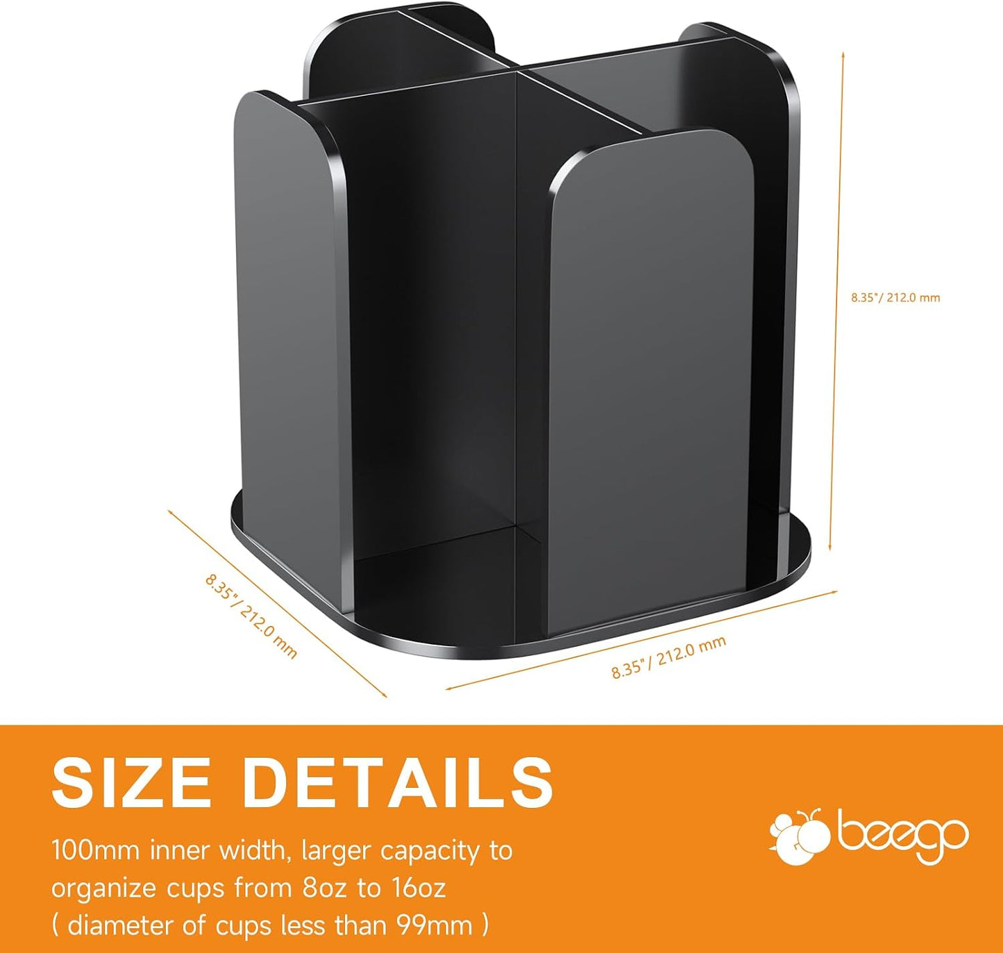 Beego Rotatable 4-Compartment Acrylic Cup Dispenser - Coffee Station Cup and Lid Carousel Countertop Plastic Cup Holder for Restaurant Breakroom Coffee Bar