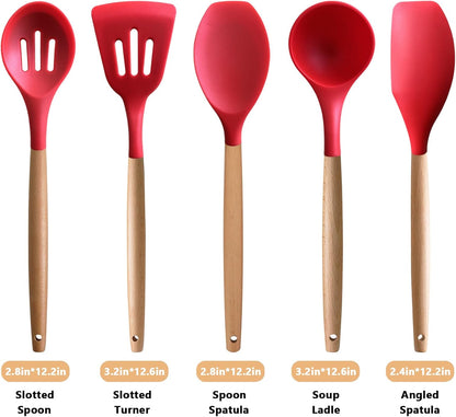 Kitchen Cooking Utensils Set, 6Pcs Silicone Kitchen Utensils Set Spatula Spoon Soup Ladle Turner, Heat Resistant Wooden Handle Silicone Cooking Gadgets for Nonstick Cookware & Baking BPA FREE