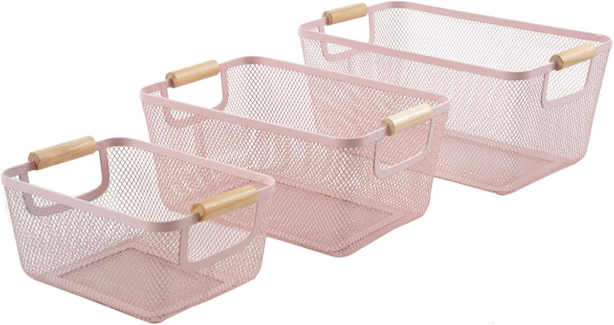 AJIODA Metal Mesh Steel Basket, Large Wire Storage Organizer Basket Multi-function Hanging Kitchen Baskets with Wood Handle for Kitchen Bathroom Picnic Home, Rectangle-Off White