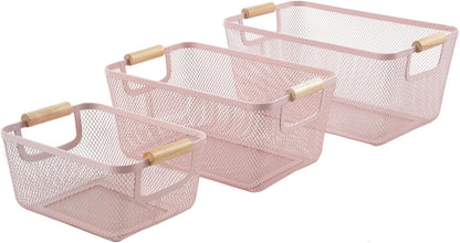 AJIODA Metal Mesh Steel Basket, Large Wire Storage Organizer Basket Multi-function Hanging Kitchen Baskets with Wood Handle for Kitchen Bathroom Picnic Home, Rectangle-Off White