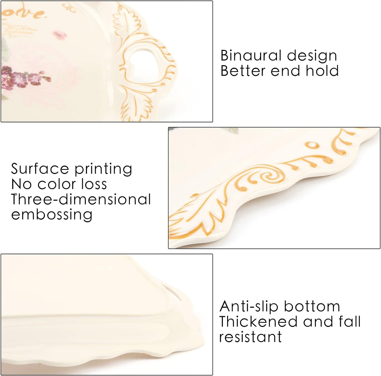Melamine Serving Tray Art Trays,3 Pack Stackable Food Tray, Large Serving Platter with Handle for Eating, Unbreakable Large Serving Platter with Floral Print (16.5 x 11.3 x 1.4 Inches)