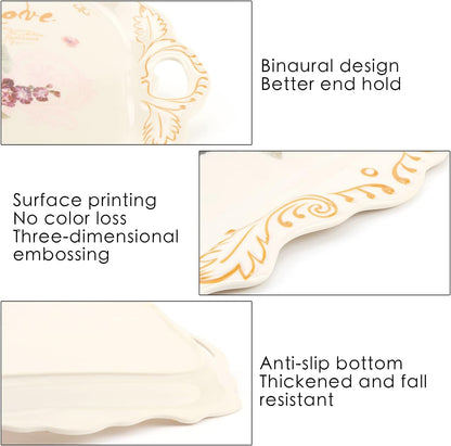 Melamine Serving Tray Art Trays,3 Pack Stackable Food Tray, Large Serving Platter with Handle for Eating, Unbreakable Large Serving Platter with Floral Print (16.5 x 11.3 x 1.4 Inches)