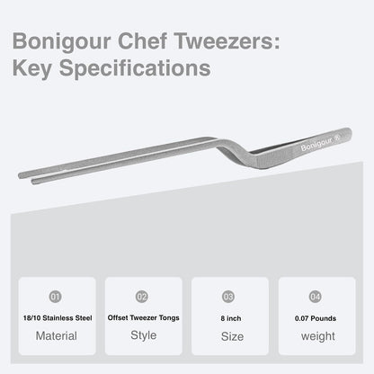 8 Inch Precision Offset Tweezers, Kitchen Culinary Stainless Steel Tongs, Curved Kitchen Cooking Multi-function Chef Precision Tweezer Tongs for Plating, Food Decorating and ect (Black)