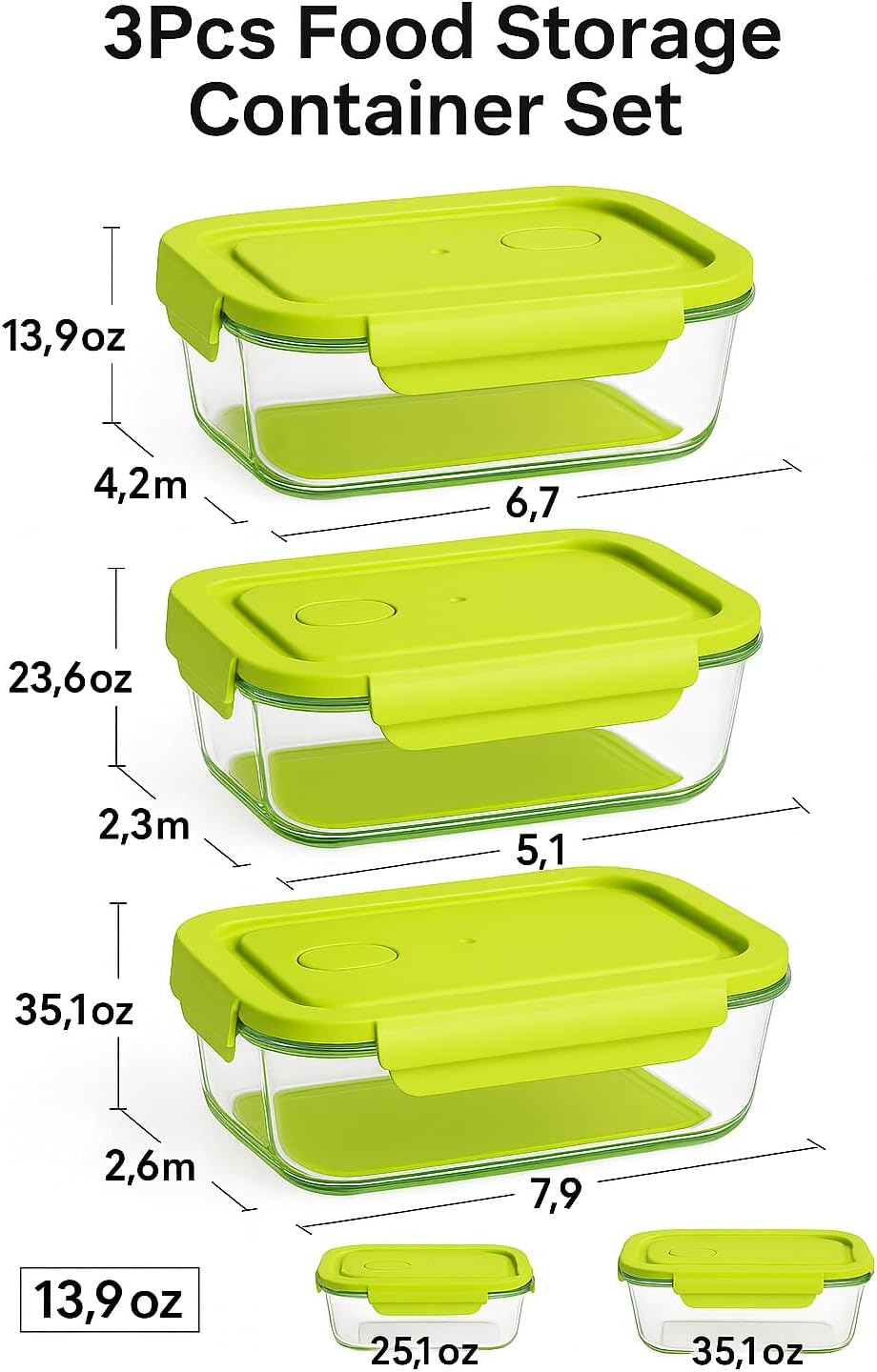 Glass Food Storage Container Set, 3 Piece, Rectangular with White Lids, 13.9oz/23.6oz/35.1oz Capacity, Stackable Meal Prep Containers