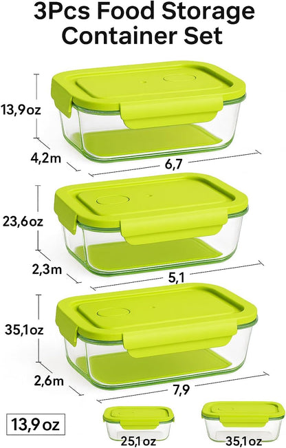Glass Food Storage Container Set, 3 Piece, Rectangular with White Lids, 13.9oz/23.6oz/35.1oz Capacity, Stackable Meal Prep Containers