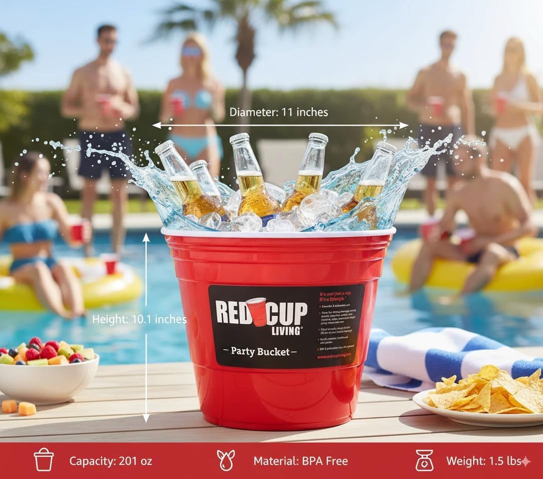 Red Cup Living Large Party Ice Bucket, 201 oz Insulated Drink Cooler for Parties, Bar & Kitchen, Durable Plastic Beer, Wine & Champagne Beverage Tub for Holiday