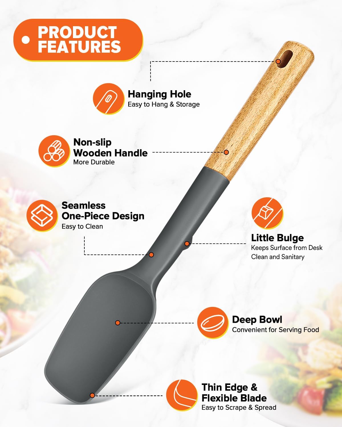 Badiano Silicone Spoon Spatula, Nonstick Rubber Spatula, Grey