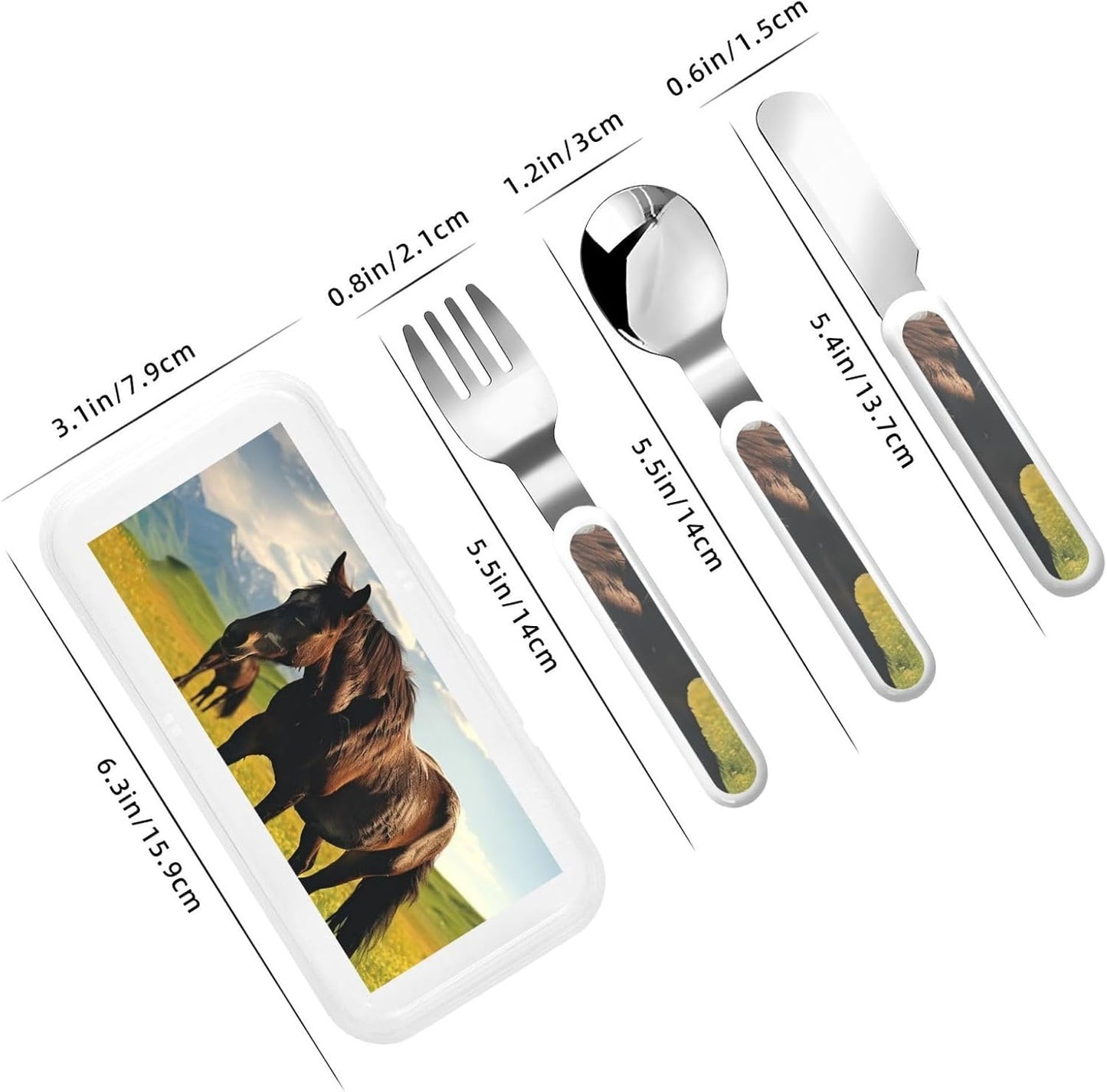 3-Piece Children Utensils Set Grazing wild horses Knife Spoon Fork Set Stainless Steel Silverware Set Easy-Grip Reusable Utensils Set Child Flatware Set with Case for Lunch Travel