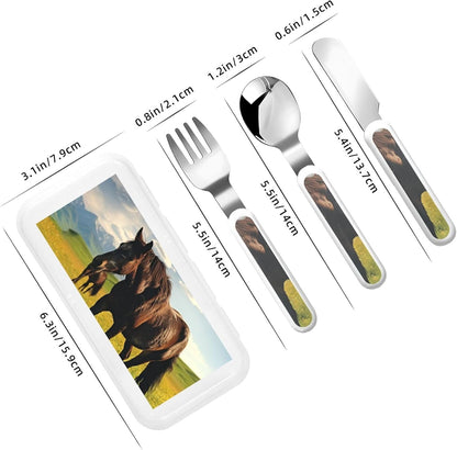 3-Piece Children Utensils Set Grazing wild horses Knife Spoon Fork Set Stainless Steel Silverware Set Easy-Grip Reusable Utensils Set Child Flatware Set with Case for Lunch Travel