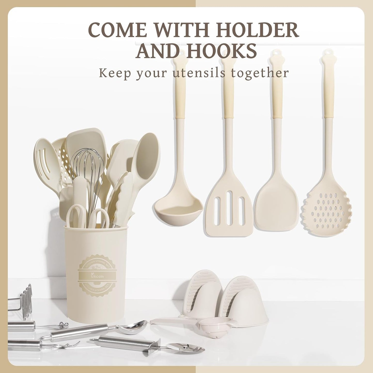 Kikcoin 43Pcs Large Kitchen Utensils Set - Silicone Cooking Utensils Set, Dishwasher Safe Spatula Set for Non-stick Cookware, 446°F Heat Resistant Kitchen Utensils Set with Holder BPA Free, Grey