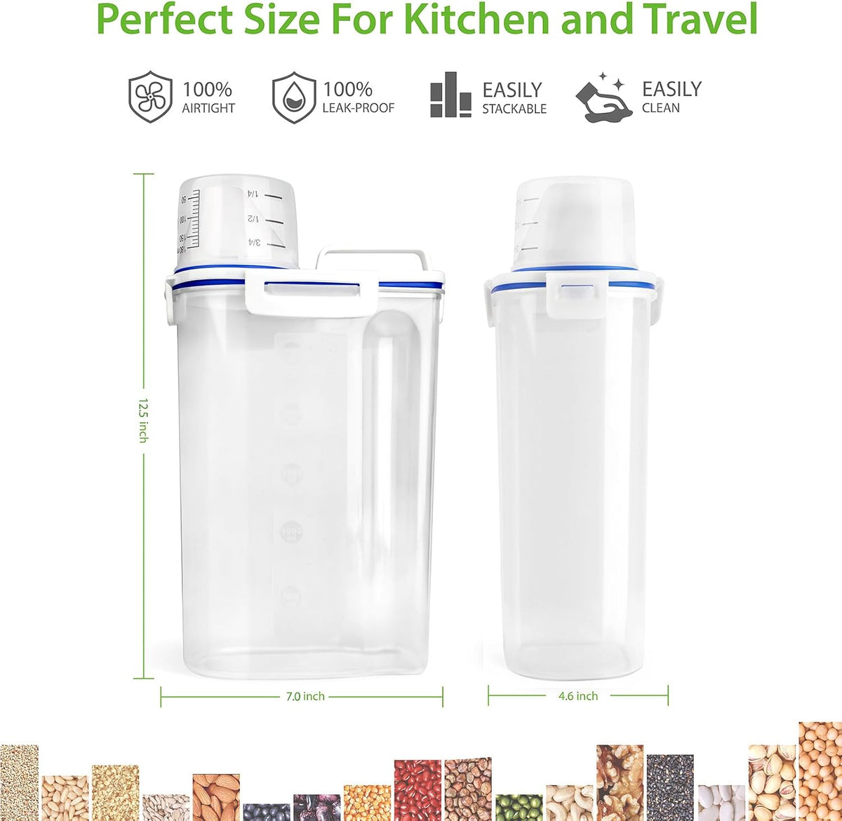 Viretec Rice Storage Container, 15 to 20lb Dry Food Airtight Dispenser, Pet Dog Cat Food Canister, BPA Free Clear Plastic Kitchen and Pantry Bin for Oatmeal, Cereal, Pasta, Flour Pack of 2 Grey