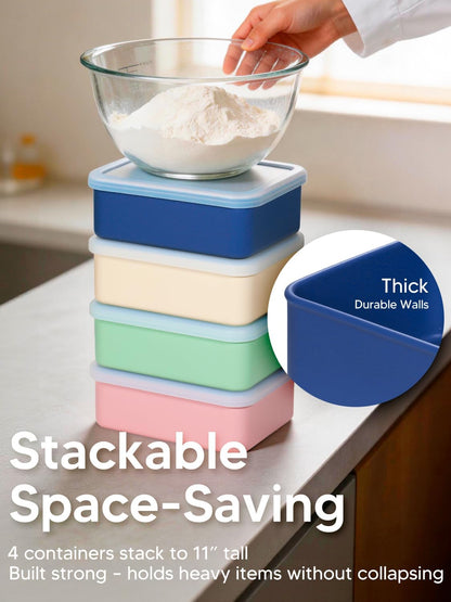 4 PCS 3.5 Cup Silicone Freezer Trays with Lid, Durable Silicone Soup Freezer Molds for Meal Prep and Food Storage, Reusable Freezer Containers for Soups Sauces Stews Curries (Lake Blue)