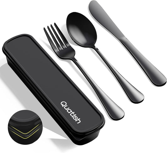 Travel Utensils with Case, Quatish 4 Piece Stainless Steel Silverware Set for Work, Portable Reusable Travel Cutlery Set, Fork and Spoon Set for Picnic, Camping, Gadgets, Lunch Box for Men, Rainbow