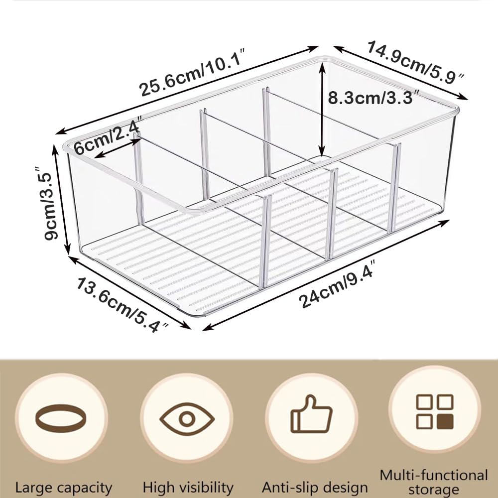 5 Pack Storage Organizer Bins, Plastic Desk Storage Bins Food Storage Organizer with 4 Slots for Pantry, Kitchen, Fridge, Cabinet Packets, Snacks, Pouches, Spice Packets