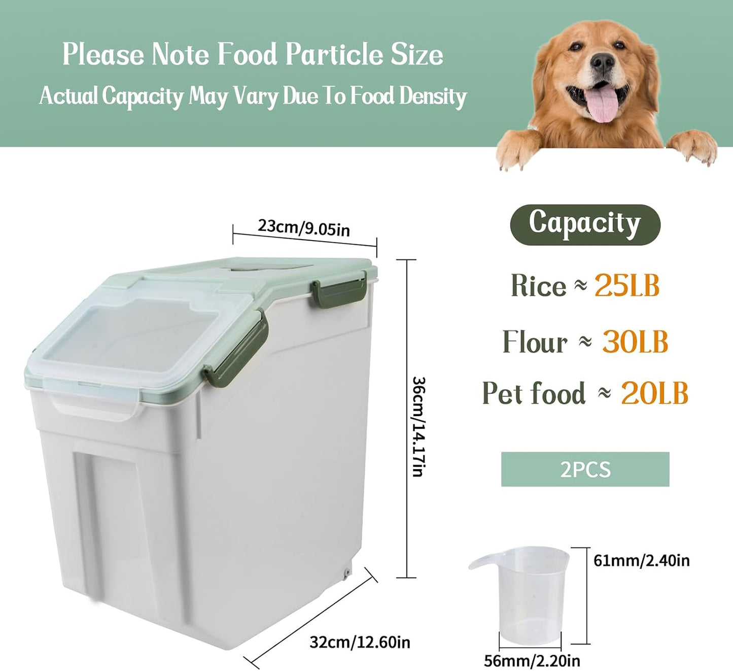 Large Flour Storage Container Bin 25lb, 2Pack Airtight Rice Storage Containers with Wheels Seal Locking Lid, BPA Free with Measuring Cup&Scoop for Flour, Rice, Grain(Green)