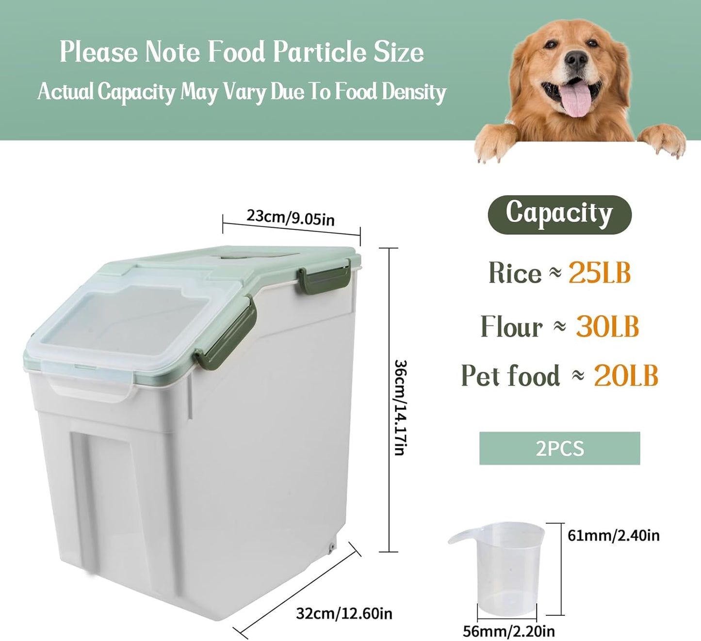 Large Flour Storage Container Bin 25lb, 2Pack Airtight Rice Storage Containers with Wheels Seal Locking Lid, BPA Free with Measuring Cup&Scoop for Flour, Rice, Grain(Green)