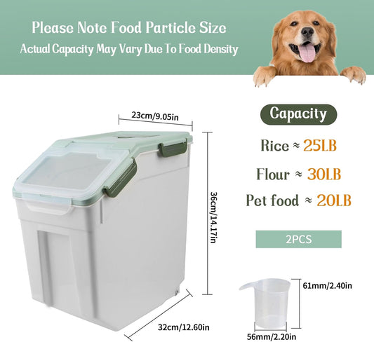 Large Flour Storage Container Bin 25lb, 2Pack Airtight Rice Storage Containers with Wheels Seal Locking Lid, BPA Free with Measuring Cup&Scoop for Flour, Rice, Grain(Green)