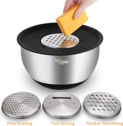 Wildone Mixing Bowls with Airtight Lids Set, 5PCS Stainless Steel Khaki Nesting Bowls for Kitchen, with Grater Attachments & Non-Slip Bottoms, Size 5, 3, 2, 1.5, 0.63 QT, Great for Mixing & Serving