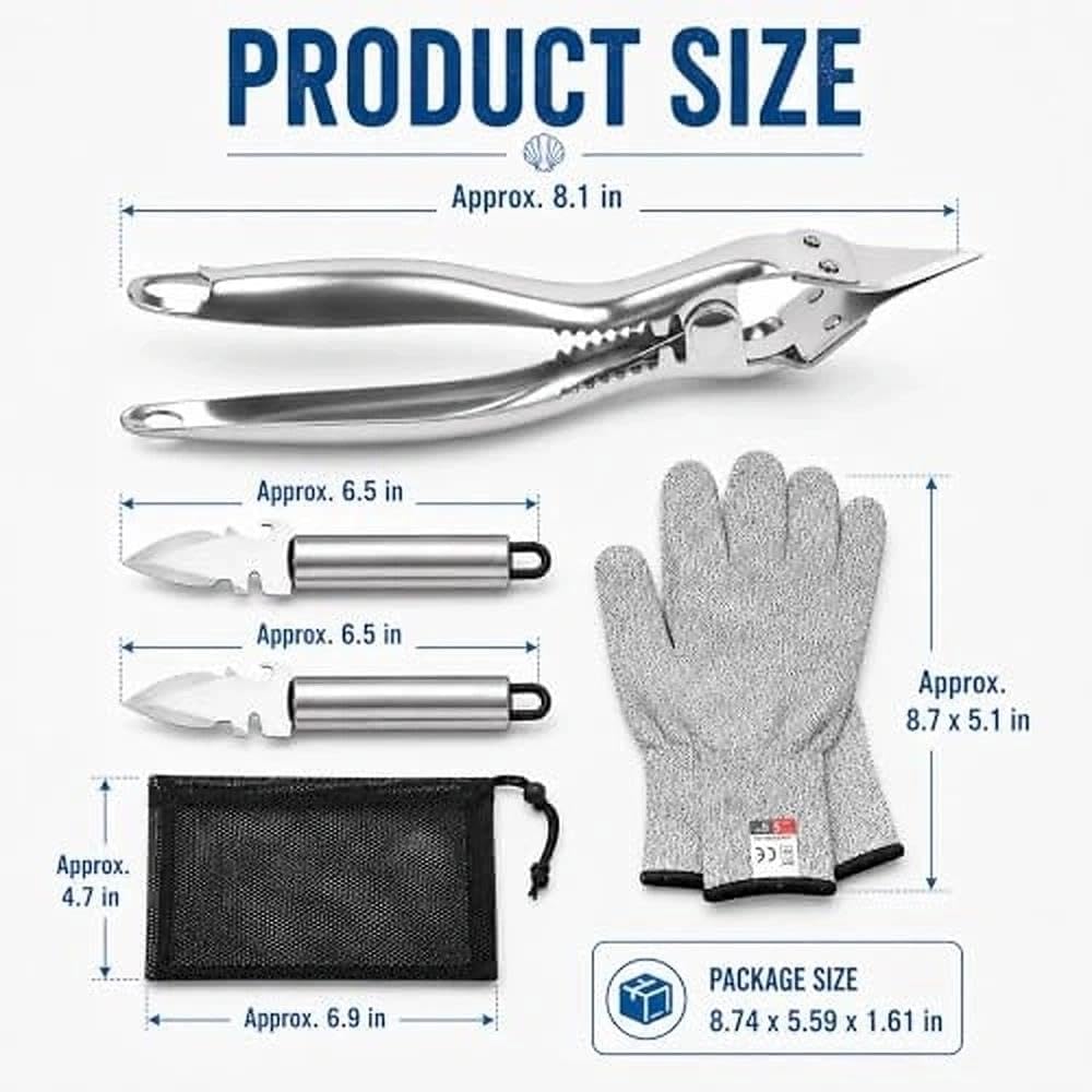 5 Pcs Oyster Shucker Machine 2026 New Oyster Opener Kit Professional Stainless Steel Clamp with 2 Knives Cut Resistant Glove Mesh Bag Helps Keep Juice for Seafood BBQ Camping Kitchen
