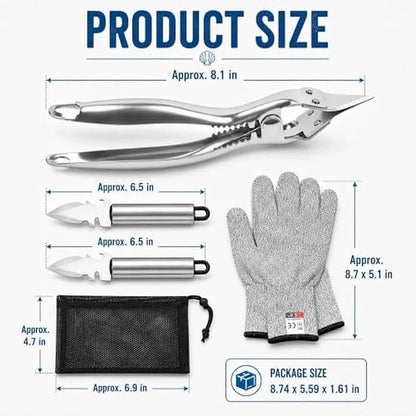 5 Pcs Oyster Shucker Machine 2026 New Oyster Opener Kit Professional Stainless Steel Clamp with 2 Knives Cut Resistant Glove Mesh Bag Helps Keep Juice for Seafood BBQ Camping Kitchen