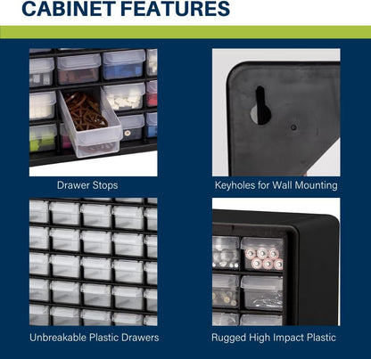 Akro-Mils 44-Drawer Plastic Drawer Storage Cabinet for Garage Organization, Bead Organizer, Building Bricks Storage, Teacher Toolbox, Makeup Organizer, 20" W x 6" D x 16" H, 10144 Black