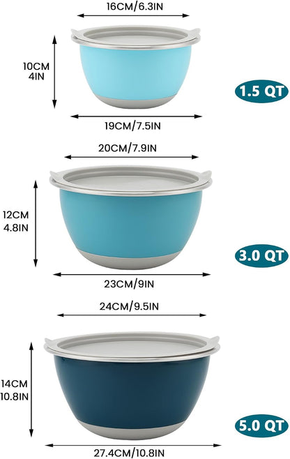 Rorence Mixing Bowls Set with Lids, 18/8 Stainless Steel Mixing Bowls with Non-Slip Silicone Base & Measurement Marks, Airtight Food Storage for Baking, Cooking & Meal Prep,1.5QT/3QT/5QT/Blue