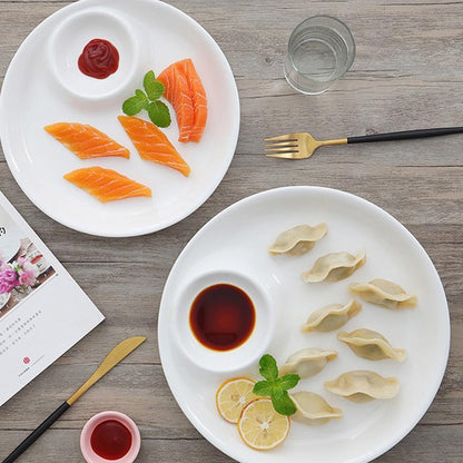 9-Inch White Ceramic in-Dish Serving Plate with Sauce Compartment for Dumplings Snacks and Appetizers - Elegant Dining Solution