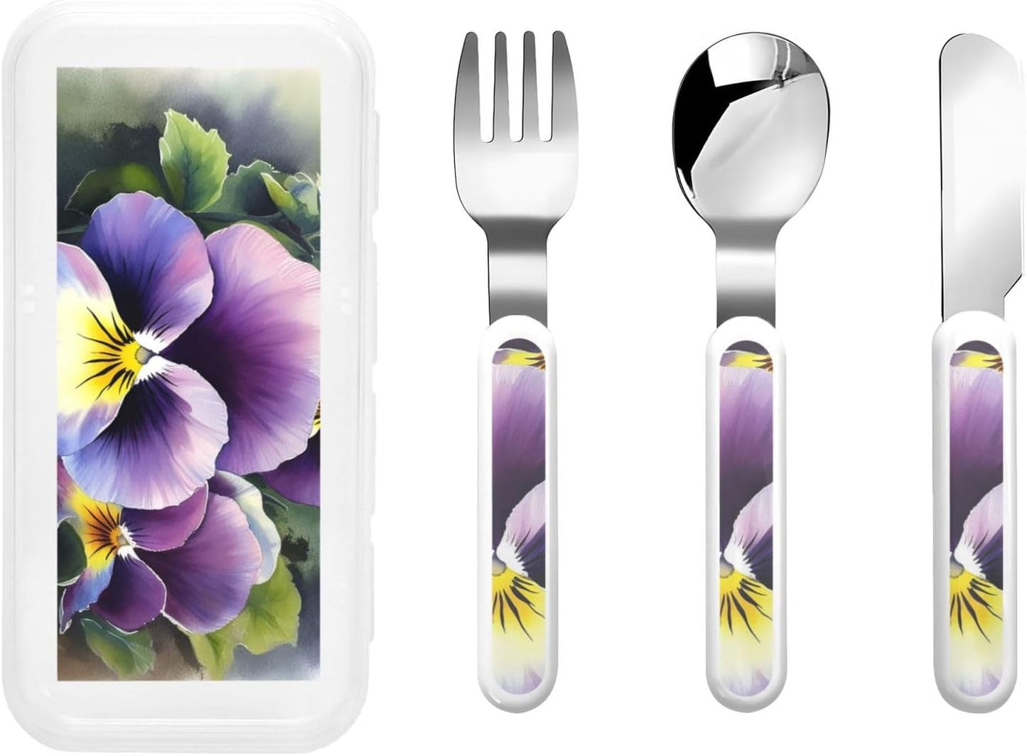 Stainless Steel Kids Silverware Set, Pansy Perfection Utensil Set Reusable Children Safe Knife Spoon Fork Set With Storage Case Dishwasher Safe For Lunch, Travel Outdoors