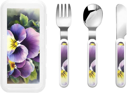 Stainless Steel Kids Silverware Set, Pansy Perfection Utensil Set Reusable Children Safe Knife Spoon Fork Set With Storage Case Dishwasher Safe For Lunch, Travel Outdoors