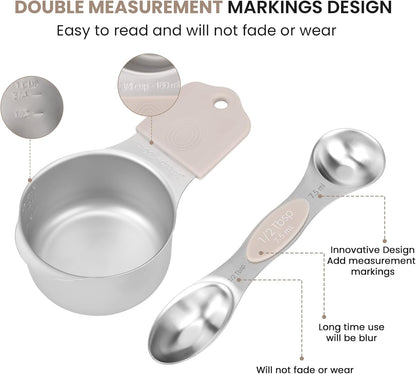 Magnetic Measuring Cups and Spoons Set-Heavy Duty 304 Stainless Steel，Double Measurement Markings，Set of 16 with Leveler for Measure Dry and Liquid Ingredients (Black)