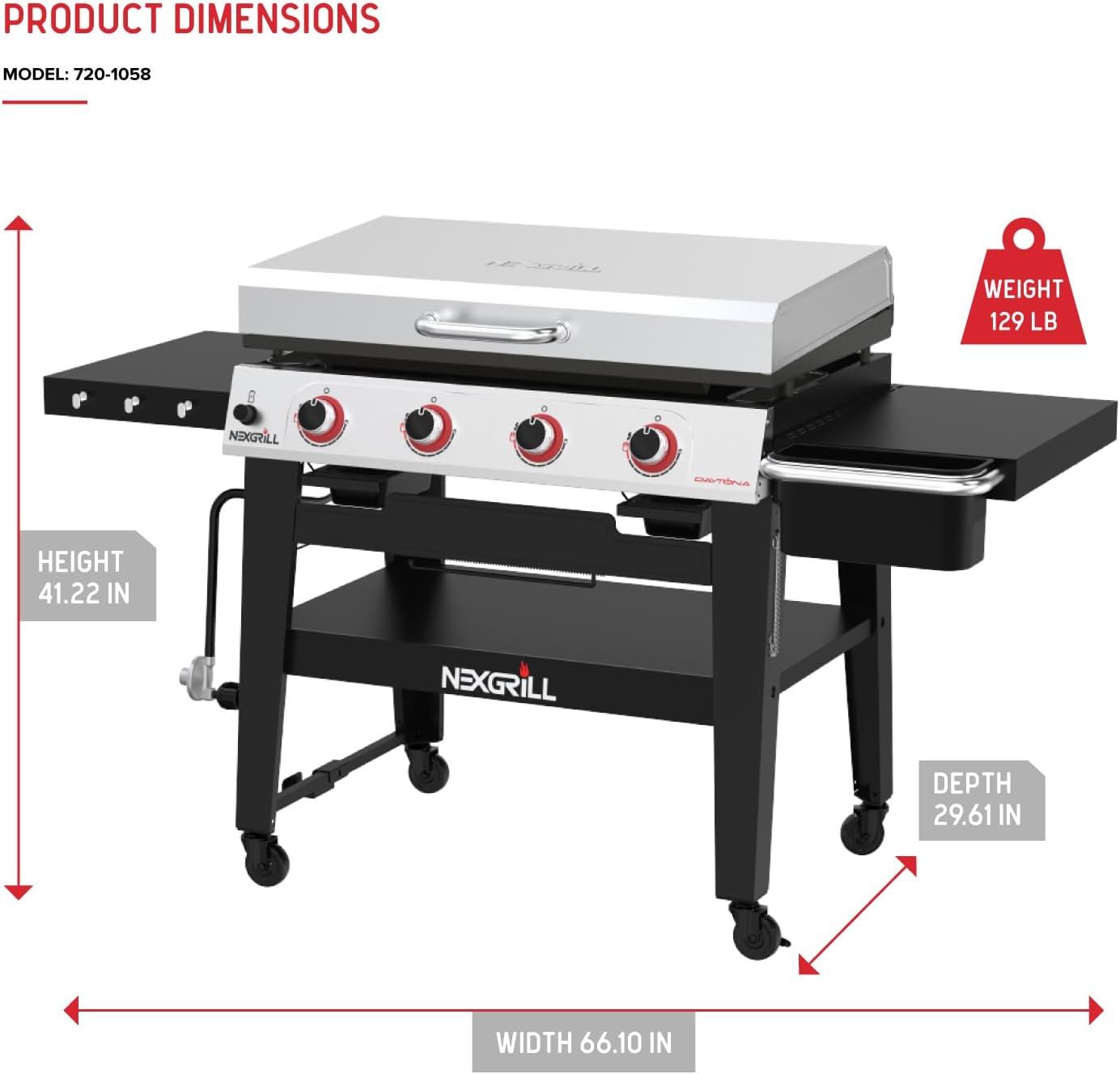 Nexgrill Daytona 4-Burner Propane Gas Griddle with Side Tables, 60000 BTU Flat Top Grill, 756 SQ In. Hot-Rolled Steel Cooking Space, Outdoor Cooking Barbeque, Black/Silver - 720-1058A
