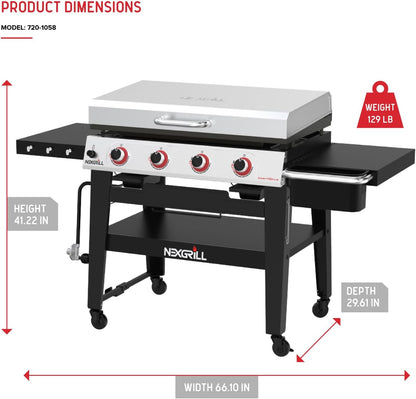 Nexgrill Daytona 4-Burner Propane Gas Griddle with Side Tables, 60000 BTU Flat Top Grill, 756 SQ In. Hot-Rolled Steel Cooking Space, Outdoor Cooking Barbeque, Black/Silver - 720-1058A