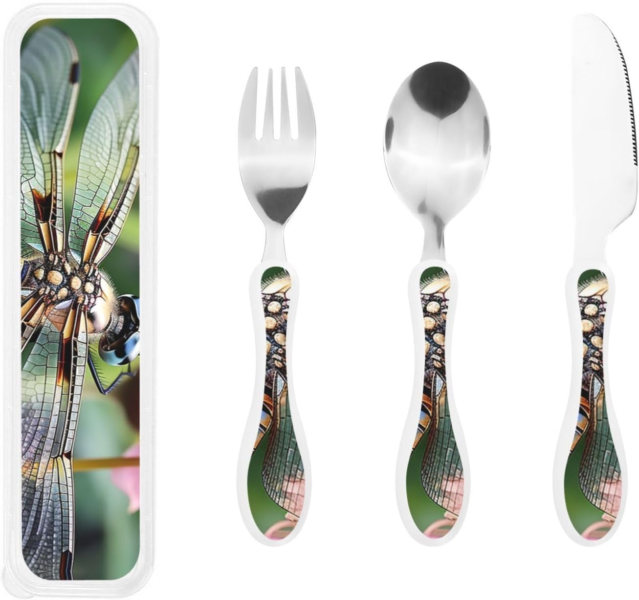 3-Piece Kids Silverware Set With Storage Case, Stainless Steel Reusable Children Safe Knife Spoon Fork Set Dragonfly Insects Flowers Children Flatware Set For Kids Lunch Box
