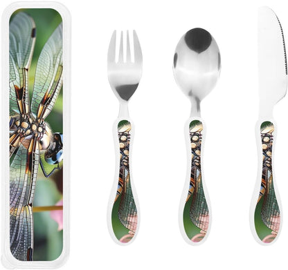 3-Piece Kids Silverware Set With Storage Case, Stainless Steel Reusable Children Safe Knife Spoon Fork Set Dragonfly Insects Flowers Children Flatware Set For Kids Lunch Box