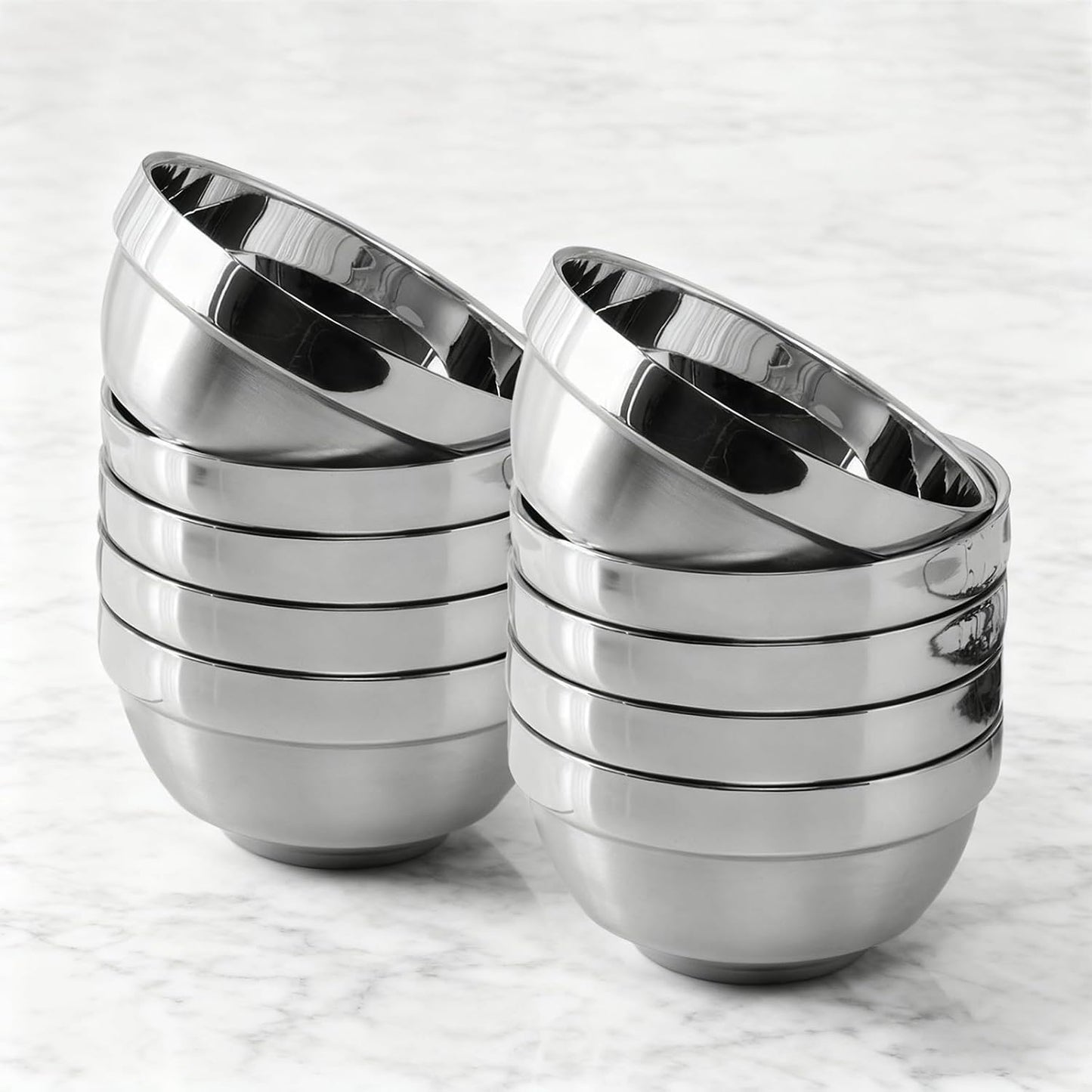 Stainless Steel Bowl Set: 500 ml Cereal Bowl, Set of 10 with Gift Box Included. Double Walled Insulated & Dishwasher Safe, Durable Deep Soup Bowl, Suitable for Home Kitchen & Child (Silver)