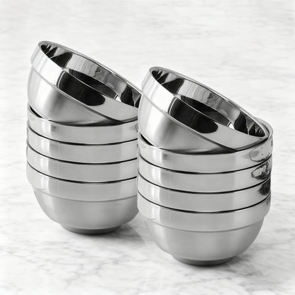 Stainless Steel Bowl Set: 500 ml Cereal Bowl, Set of 10 with Gift Box Included. Double Walled Insulated & Dishwasher Safe, Durable Deep Soup Bowl, Suitable for Home Kitchen & Child (Silver)