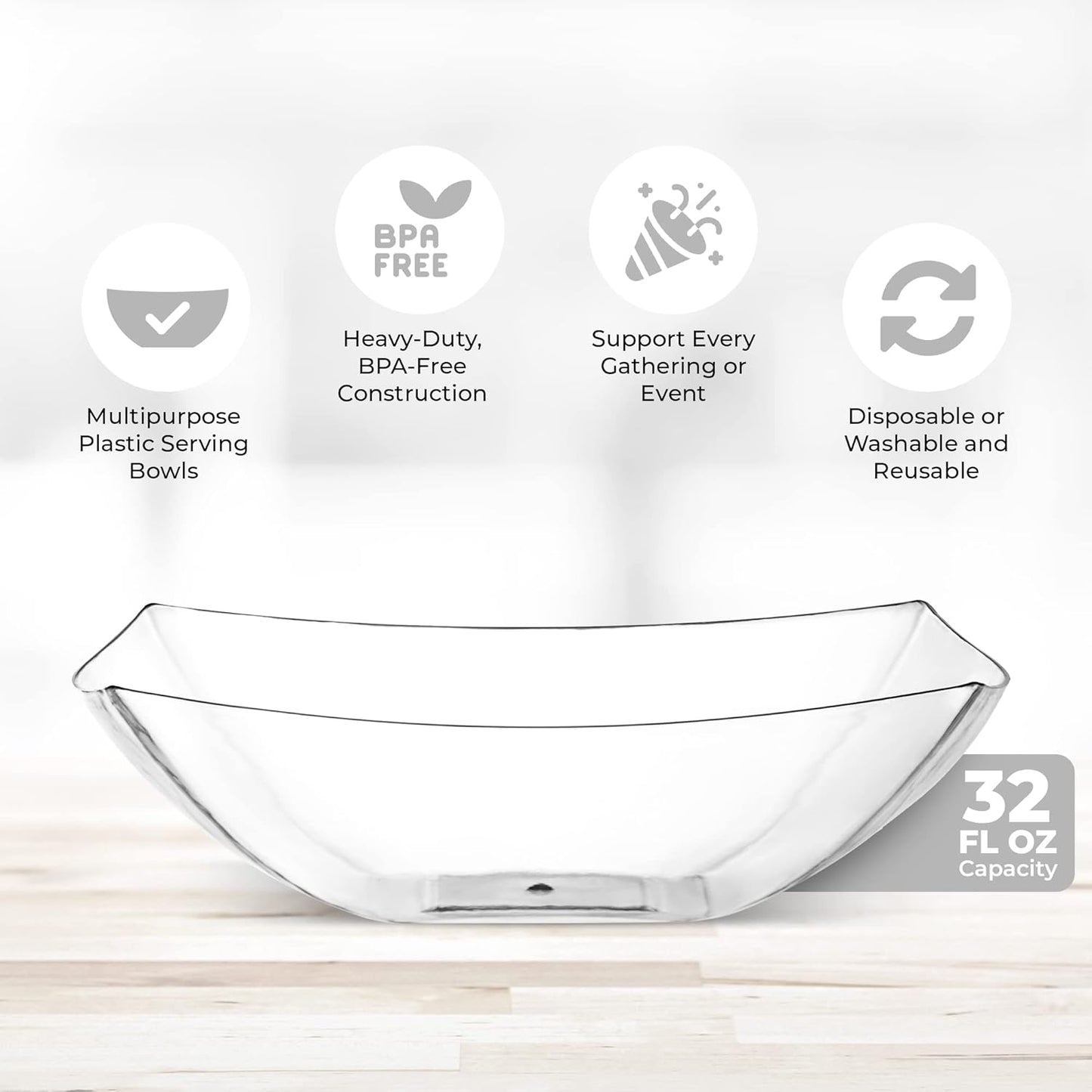 Posh Setting - White Plastic Square Serving Bowls for Party (16oz - 4 Pack), Disposable & Candy Containers for Party Table & Buffet