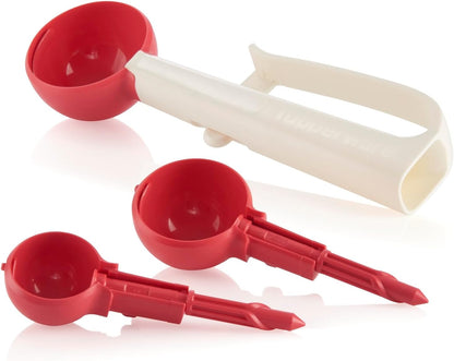 Tupperware Portioning Scoops, Universal Handle and Three Snap-on Scoops (Small, Medium and Large)
