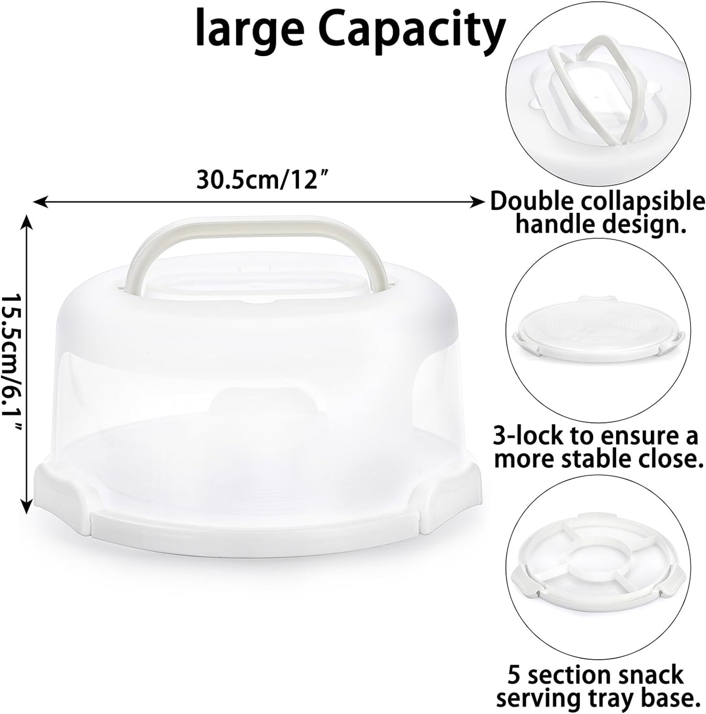 BSTKEY Portable Cake Carrier with Lid and Handle, Cake Turntable + Cupcake Storage Tray for Transport, 10" Round Cake Container Holder with Two Sided Base for Pies Nuts Fruit Cookies, White