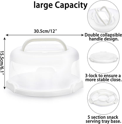 BSTKEY Portable Cake Carrier with Lid and Handle, Cake Turntable + Cupcake Storage Tray for Transport, 10" Round Cake Container Holder with Two Sided Base for Pies Nuts Fruit Cookies, White