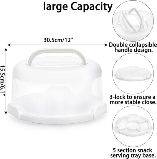 BSTKEY Portable Cake Carrier with Lid and Handle, Cake Turntable + Cupcake Storage Tray for Transport, 10" Round Cake Container Holder with Two Sided Base for Pies Nuts Fruit Cookies, White