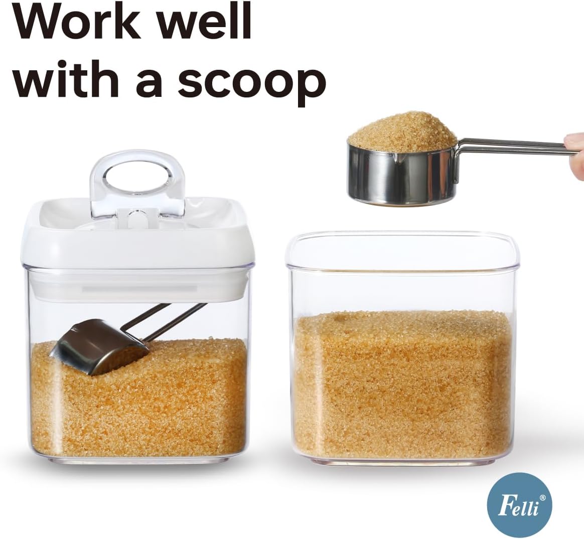 Felli Flip Tite Acrylic Food Storage Container with Lid 6” XL Air Tight Ring Seal Flip Top, Plastic Kitchen Baking Canister for 5 lb Flour Sugar Rice Protein Powder Pantry Organizer (Nest-M, White)