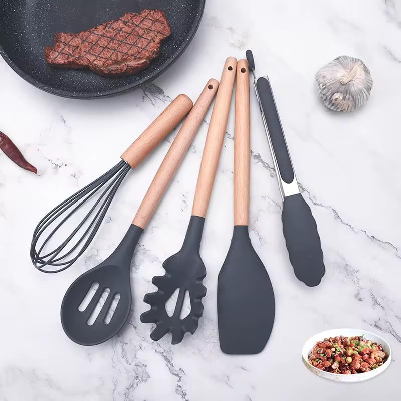 Silicone Kitchen Utensil Set with Holder, 12-Piece, Heat Resistant,Black,Red,Grey Colors Available (Grey)