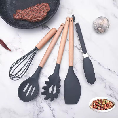 Silicone Kitchen Utensil Set with Holder, 12-Piece, Heat Resistant,Black,Red,Grey Colors Available (Grey)