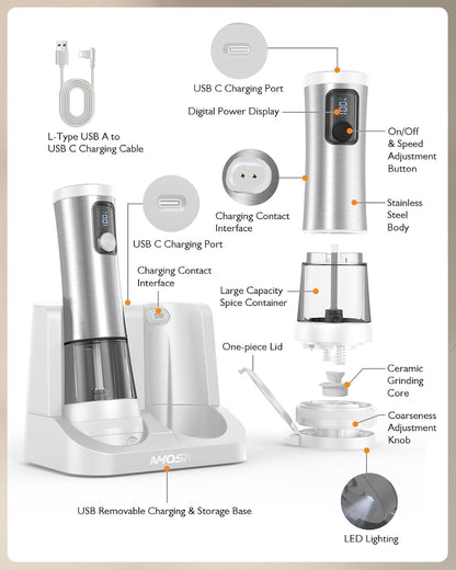 Electric Salt and Pepper Grinder Set, 2 in 1 Dual Bins USB Rechargeable