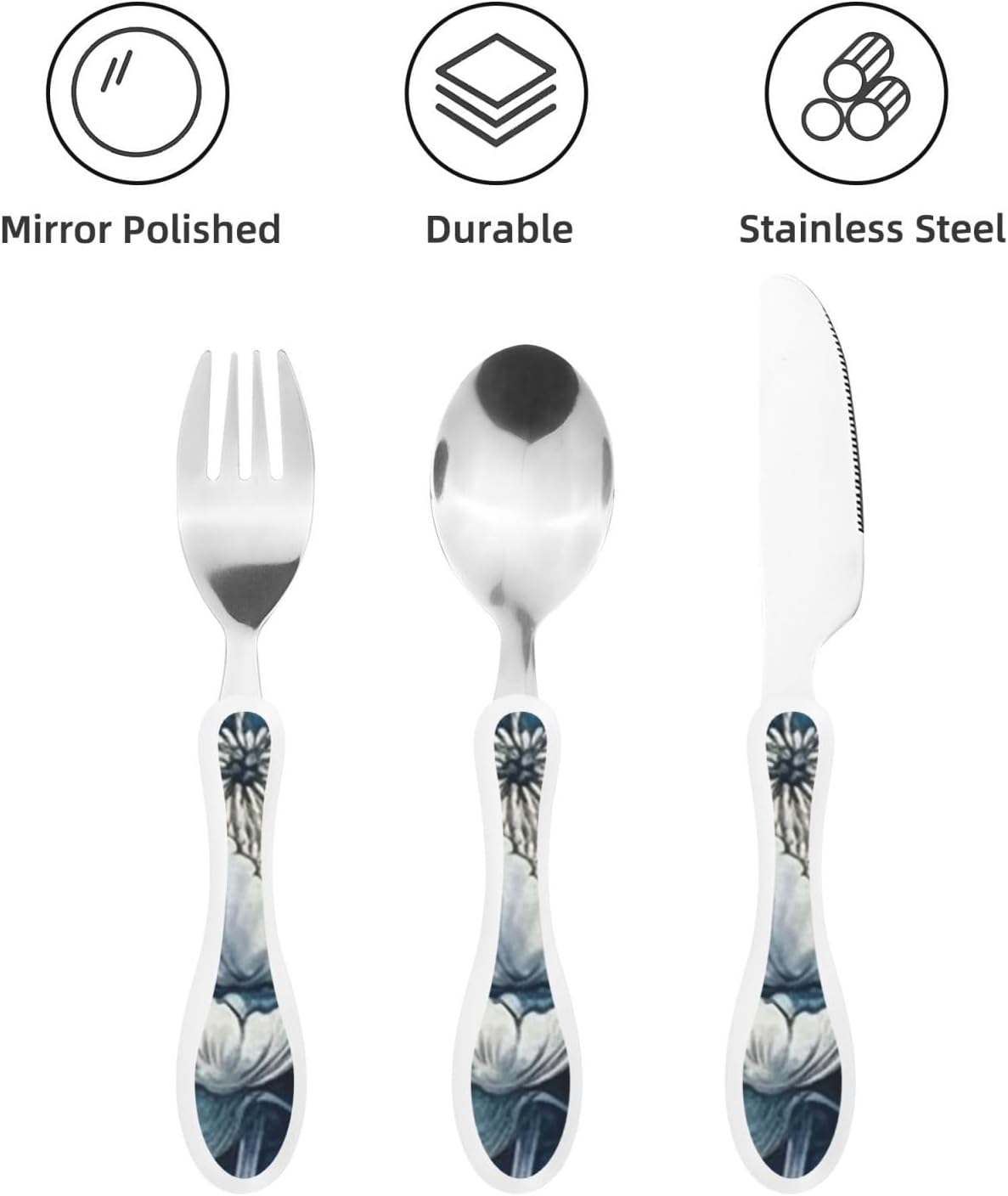 3-Piece Kids Silverware Set With Storage Case, Stainless Steel Reusable Children Safe Knife Spoon Fork Set Blue Lotus Floral Children Flatware Set For Kids Lunch Box