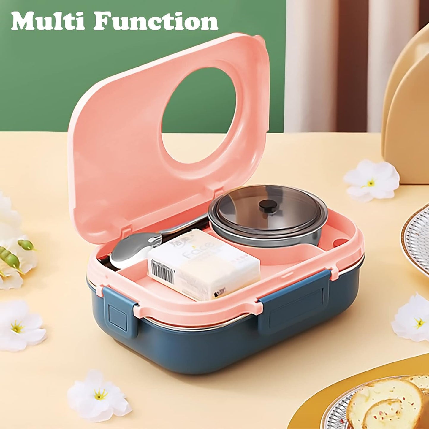 3 Compartments Bento Lunch box with Soup Bowl, Insulated Lunch Bag and Portable Utensils, Stainless Steel Camera Lunch Containers，Leak Proof Bento Box for Kids Adults Men Women…