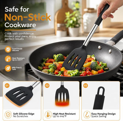 Silicone Cooking Utensils Set 6 PCS, Heat Resistant Non Stick Spatula Spoon Turner Kitchen Tools – BPA Free Non-Toxic Utensils for Nonstick Pots Pans, Baking Mixing Serving Accessories, Black